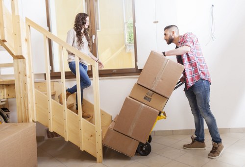 Packed boxes and furniture ready for a moving truck in Crystal Palace